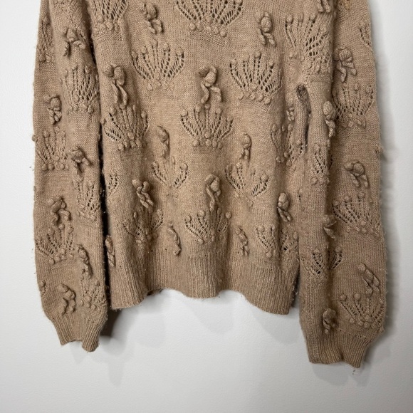 Alan Blizerian Tan 100% Cashmere Open Textured‎ Seashell Neck Sweater - Picture 6 of 16